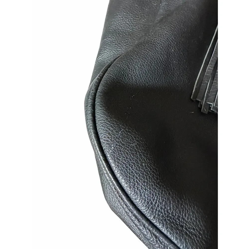 Tory Burch Thea Round Tassel Tote Black Pebbled Leather Hobo Bag